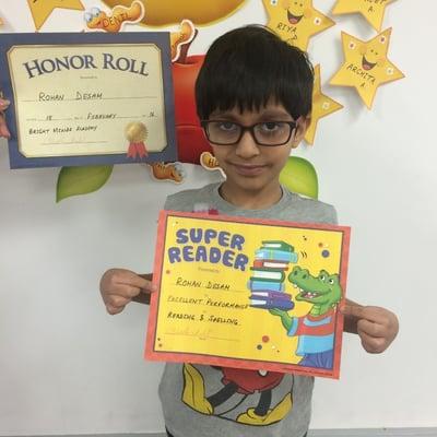 Honorable Mention: Within 10 months of Bright Minds studies, 5 years old Rohan is studying 1 year ahead of his grad level.