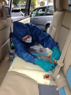 Removal of contaminated areas of a Lexus to eliminate blood-borne pathogens left by a homeless guy during a socio-economic rant.