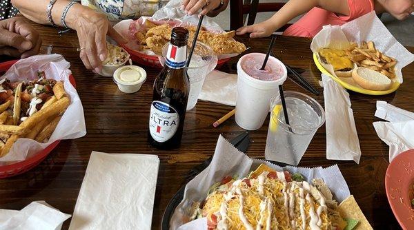 Chicken Nacho BBQ Pork Tacos Fish & Chips Basket