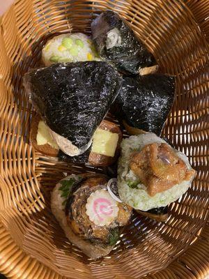 Onigiri: Corn & Edamame, Karaage, Chashu, Spam & Egg, Salmon Mayo, Spicy Chicken x2, Tuna Mayo