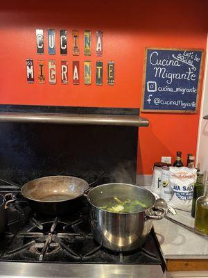 Starting the broth for risotto