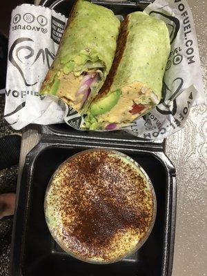 Vegan hummus wrap and avocado tiramisu