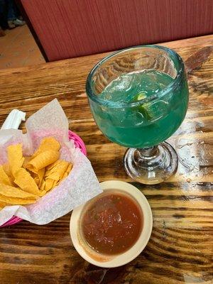 El Hefe margarita, chips and salsa!! All excellent!!