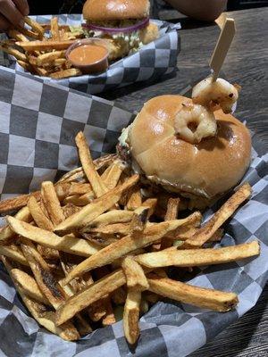 Surf n Turf burger - shrimp, crabby dip, tomatoes, mozzarella & fresh cut French fries.