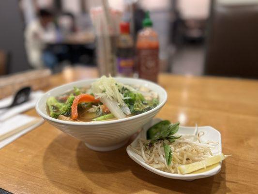 Pho  (rare beef, tofu & veggies) w beef/ chicken broth