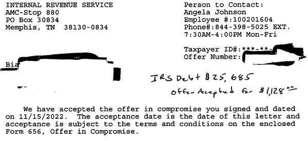 Another Offer Accepted.  We work with small debts under $50k as well. This one, the client owed $25,685, and we settled her debt for $1,128!