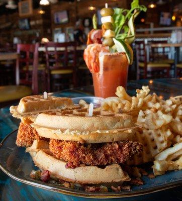 Fried Chicken and Waffles with a loaded bloody mary