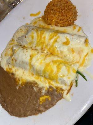 Cheese & Spinach Enchiladas with Sour Cheese sauce  Rice Beans