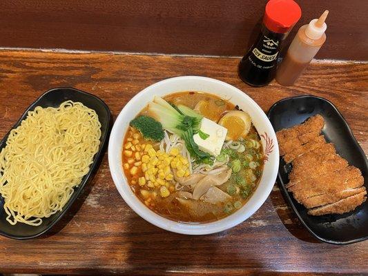 This is the Veggie Ramen (Miso) spicy with extra noodles, egg and chicken cutlet.