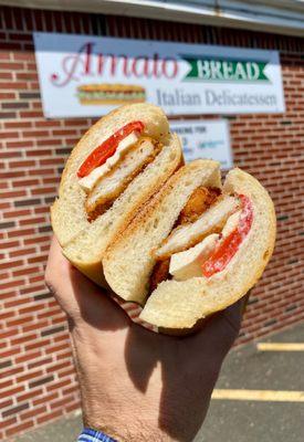 Chicken cutlet sandwich with fresh mozzarella and roasted peppers