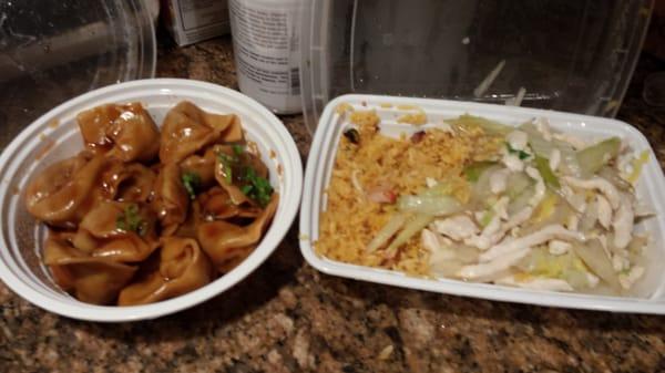 Garlic wonton; chicken chow me in with extra chicken.