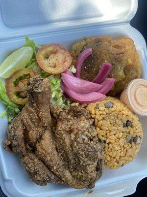 Pollo frito with arroz con gandules and tostones