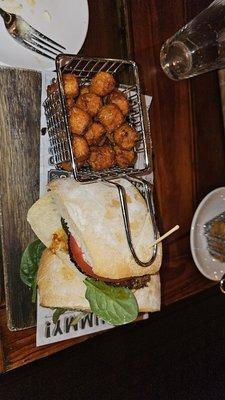 Chicken sandwich with sweet potatoe tots