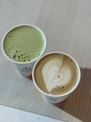 Oatmilk latte and Matcha tea latte