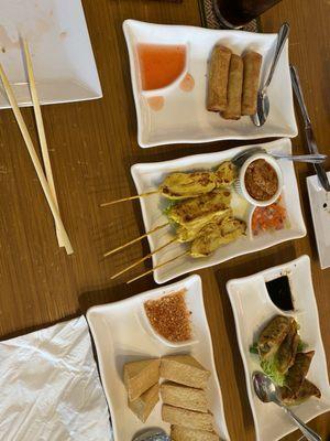 Veggie Rolls, Chicken Satay, Fried ToFu, Gyoza