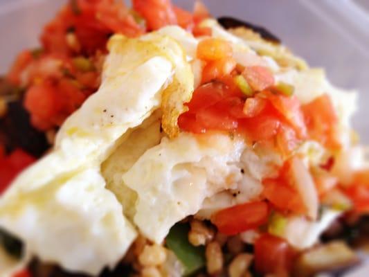 Salsa Smothered Egg Whites, Spiced Brown Rice and Seasonal Vegetables