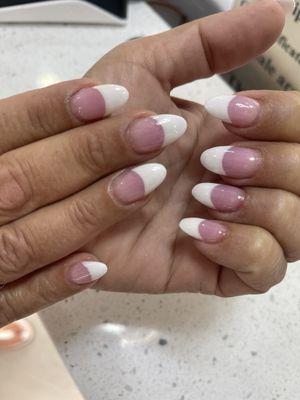 Full set of pink and whites, almond shaped