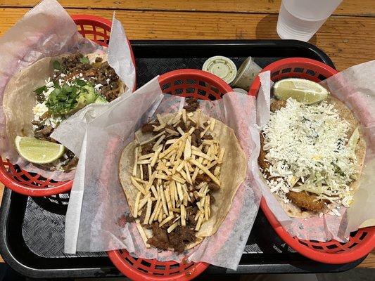 Left to right: street taco, el 4/20, fried fish taco