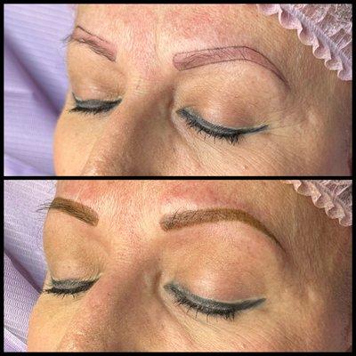 Powder brows with color correction of previous tattoo done by another artist