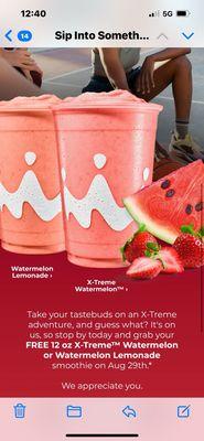 Free 12 oz watermelon lemonade smoothie with app