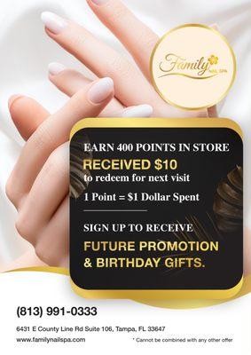 SIGN UP TO RECEIVE FUTURE PROMOTION

6431 E County Line Rd Suite 106 Tampa, FL 33647

(813) 991-0333

https://familynailspa.com/