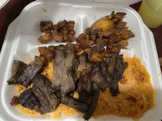 I believe Picanha steak, Pork belly burnt ends, served with a cheese rice mixed in with shrimp, and Plantains.