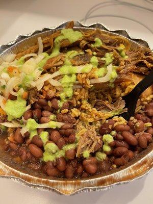 Pork, brown rice and beans bowl