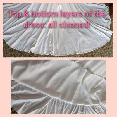 Bottom of dress AFTER cleaning: all stains removed; look like new! Before: Stains were in all areas on the bottom.