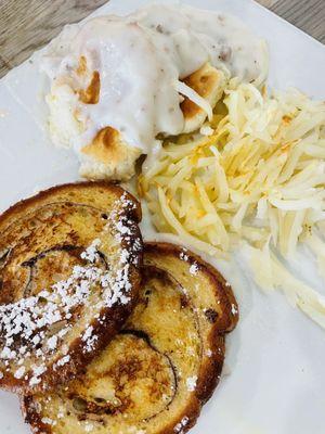 Cinnamon Roll French Toast, Hashbrowns and Biscuits & Gravy