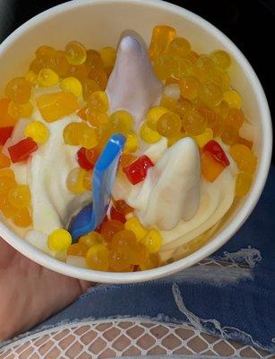 Taro, pina colada, and passion fruit with rainbow jellies and mango popping boba