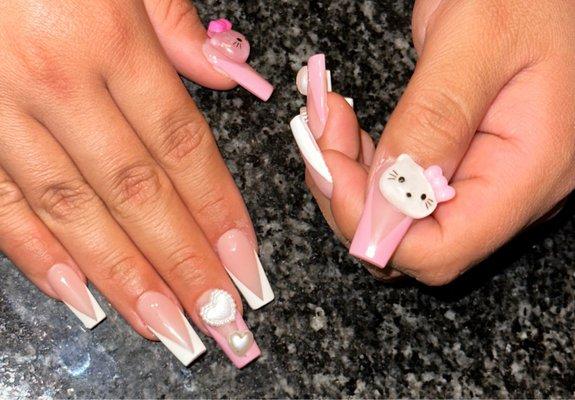 Hello kitty pearl pink and white french tips