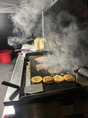 Double and Chopped Cheese being prepared. Yum!