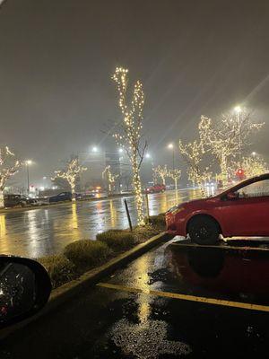 Parking lot is lighted up for the holidays