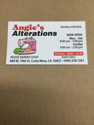 Angie's Alterations shop hours and address