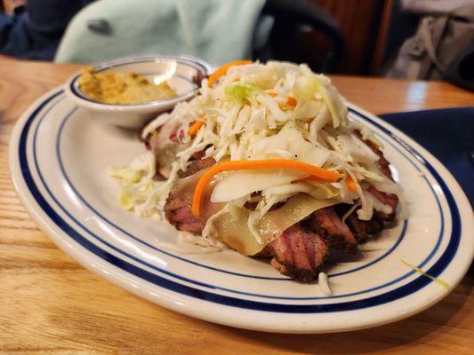 Pastrami open faced sandwich