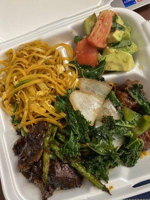 Noodle, super veggies, beef and broccoli (delicious), avocado tomato salad, chicken