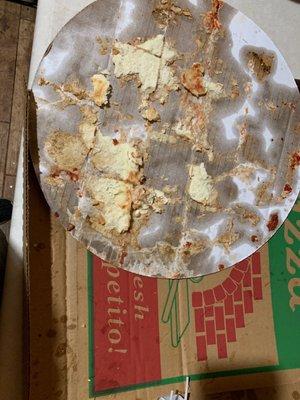 Bad Pizza stuck to the cardboard