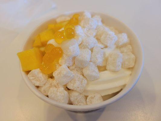 Original flavor, Mango flavor, Pomegranate flavor frozen yogurt with mango, mochi, and mango boba