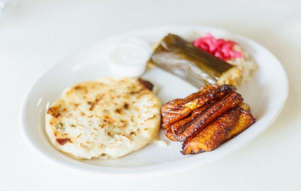 #6: one pupusa, plantains with sour cream, and a chicken tamal. Every part is to die for!