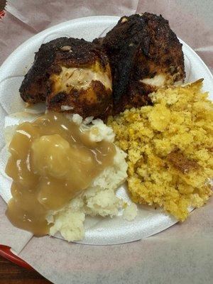 1/2 Chicken Entree with Mashed Potato and Gravy and Corn Casserole.