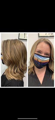 Warm blonde highlights and lob by Connie