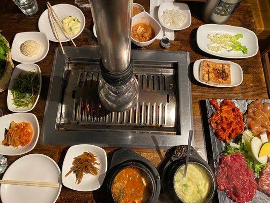 Banchan, Kimchee soup, omelette, meat combo 2, set up Charcoal grill