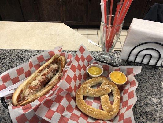 10" Pizza dog and a soft pretzel