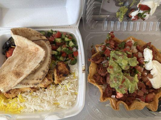 Chicken Breast Kabob Plate and Pastor Tostada Rice Bowl with green sauce.