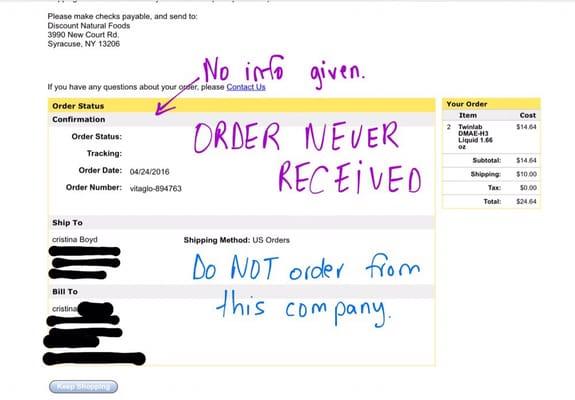 My order from Vitaglo.com that was charged but never delivered.  Company gave no reason.  Do not trust this company.