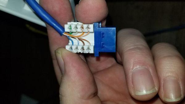 Miswired RJ45 ethernet connector, being rewired.