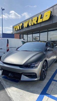 2023 KIA EV6 - Exoshield Windshield Protection, full nano ceramic tint and matte black vinyl wrap on the hood