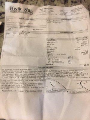 Invoice for truck repair