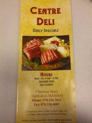 Centre Deli's menu as of May 2013