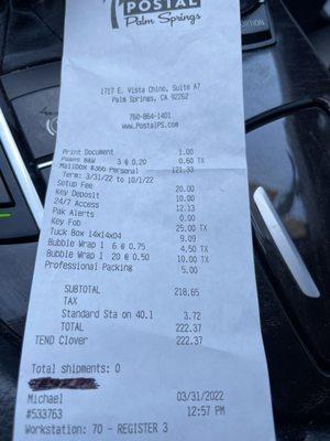 Receipt showing $30 for laptop packaging materials.